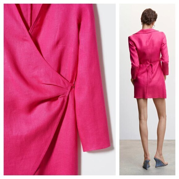 Mango 100% Linen Fuchsia/Barbie Pink Collared Wrap Dress 12 - Picture 2 of 16